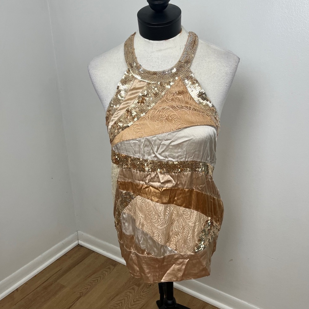 VTG Sequin Silk Lace Patchwork Bebe Glam Halter Top Women Gold Champagne Luxe XS